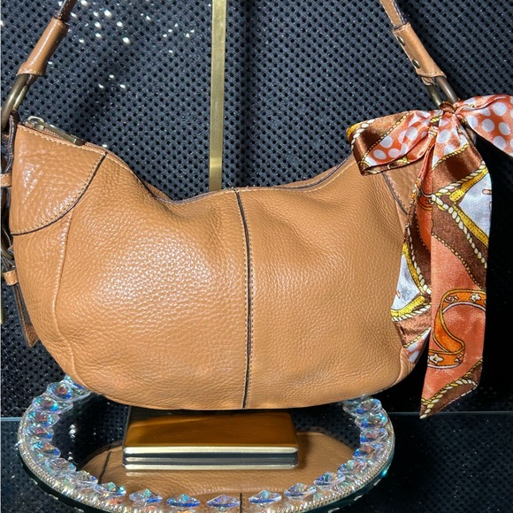 Fossil Vintage Tan Leather Hobo Bag with Scarf Accent 13” x 8” x 3” - Picture 1 of 16